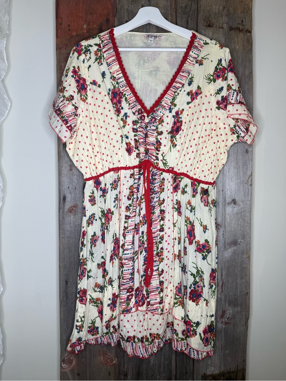 Joe Browns Floral Red Trim V-Neck Boho Dress Polka Dot Plus Size 18